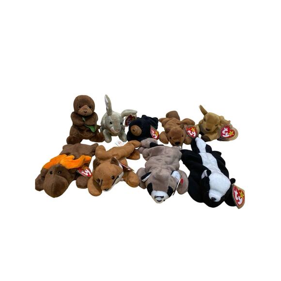 Lot Of 9 Beanie Babies Forest Themed Deer Moose Fox Skunk Bear Raccoon Beaver - Picture 1 of 6